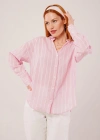 Kol Düğmeli Çizgili Pembe Gömlek