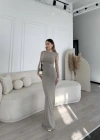 Kolsuz Uzun Likralı Elbise  Gri