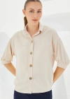 Krem Kısa Kol Oversize Keten Gömlek 202