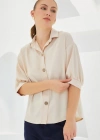 Krem Kısa Kol Oversize Keten Gömlek 202