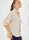 Krem Kısa Kol Oversize Keten Gömlek 202
