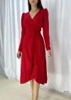 Krep Kumaş Midi Boy Kuşaklı Uzunkol Elbise