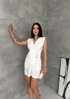 Kruvaze Drapeli Tokalı ini Elbise Şık Gece Davet Abiye  Beyaz