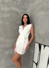 Kruvaze Drapeli Tokalı ini Elbise Şık Gece Davet Abiye  Beyaz