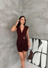 Kruvaze Drapeli Tokalı ini Elbise Şık Gece Davet Abiye  Kahverengi