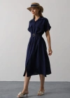 Kuşaklı Cep Detaylı Yarım Kol Elbise  Lacivert