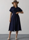 Kuşaklı Cep Detaylı Yarım Kol Elbise  Lacivert