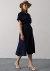 Kuşaklı Cep Detaylı Yarım Kol Elbise  Lacivert