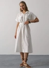 Kuşaklı Cep Detaylı Yarım Kol Elbise  Beyaz