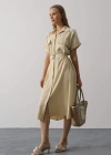 Kuşaklı Cep Detaylı Yarım Kol Elbise  Ekru