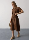 Kuşaklı Cep Detaylı Yarım Kol Elbise  Kahve