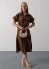 Kuşaklı Cep Detaylı Yarım Kol Elbise  Kahve