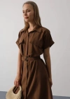 Kuşaklı Cep Detaylı Yarım Kol Elbise  Kahve
