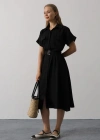 Kuşaklı Cep Detaylı Yarım Kol Elbise  Siyah