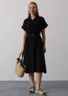 Kuşaklı Cep Detaylı Yarım Kol Elbise  Siyah