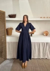 Lacivert Müslin Uzun Elbise
