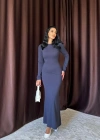 Lacivert Vücudu aran Uzun Elbise