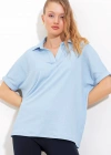 Mavi Oversize Polo Yaka Örme Bluz 0486