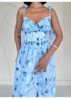 Mavi Şifon Drapeli Elbise