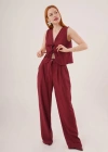 Ön Bağlama Detaylı Yelek Ve Pantolon Bordo İkili Takım