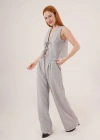 Ön Bağlama Detaylı Yelek Ve Pantolon Gri İkili Takım