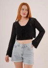 Ön Bağlamalı Ajurlu Crop Siyah Hırka