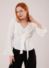 Ön Bağlamalı Volan Kol Beyaz Bluz