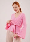 Ön Bağlamalı Volan Kol Pembe Bluz