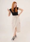 Ön Yırtmaçlı Cep Detaylı Krem Etek