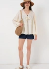 Önü Bağcıklı Uzun Kol Bluz 946  Krem