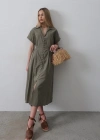 Önü Düğmeli Kısa Kol Elbise  Haki