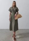 Önü Düğmeli Kısa Kol Elbise  Haki