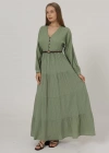 Önü Yarım Düğmeli Uzun Kol Kemerli Elbise  Haki