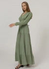 Önü Yarım Düğmeli Uzun Kol Kemerli Elbise  Haki