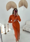 Oranj Boydan Düğmeli Deri Elbise