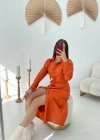 Oranj Boydan Düğmeli Deri Elbise