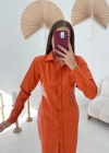 Oranj Boydan Düğmeli Deri Elbise