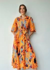 Oranj Çiçek Desenli Kemerli Elbise