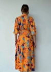 Oranj Çiçek Desenli Kemerli Elbise