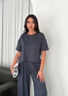 Osy odal Yumuşak Dokulu Kumaş Bisiklet Yaka Tshirt Bol Paça Pantalon Ikili Takım Antrasit