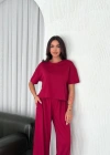 Osy odal Yumuşak Dokulu Kumaş Bisiklet Yaka Tshirt Bol Paça Pantalon Ikili Takım Bordo