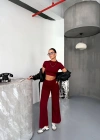 Osy odal Yumuşak Dokulu Kumaş Kısa Kollu Crop Alt Ispanyol Paça Pantalon Ikili Takım  Bordo
