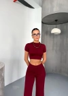 Osy odal Yumuşak Dokulu Kumaş Kısa Kollu Crop Alt Ispanyol Paça Pantalon Ikili Takım  Bordo
