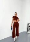 Osy odal Yumuşak Dokulu Kumaş Kısa Kollu Crop Alt Ispanyol Paça Pantalon Ikili Takım  Kahverengi