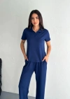 Osy odal Yumuşak Dokulu Kumaş Kısa Kollu Yakalı Tshirt Pantalon Ikili Takım Lacivert