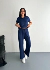 Osy odal Yumuşak Dokulu Kumaş Kısa Kollu Yakalı Tshirt Pantalon Ikili Takım Lacivert