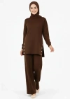 Osy odal Yumuşak Dokulu Kumaş odern Tesettür Takım Yandan etal Çıtçıtlı Uzun Tunik Pantolon et alaş Kalıp  Kahverengi