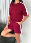 Osy odal Yumuşak Dokulu Kumaş Parçalı Bisiklet Yaka Tshirt Kısa Şort İkili Takım   Bordo