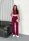Osy odal Yumuşak Dokulu Kumaş Tam Fermuarlı Crop Pantalon İkili Takım  Bordo
