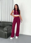 Osy odal Yumuşak Dokulu Kumaş Tam Fermuarlı Crop Pantalon İkili Takım  Bordo